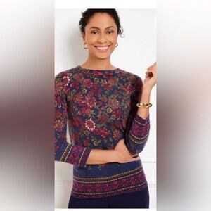 Talbots Cashmere Floral Long Sleeve Sweater Top - Blue and Burgundy